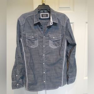 Buckle Mens Button Up Pearl Snap Large L  Blue Long Sleeve Western Embroidered